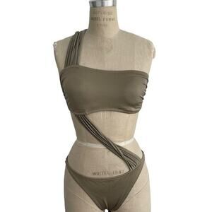 Zeki Swimsuit Size 9 / 10 Olive Metallic Strappy One Piece One Shoulder‎